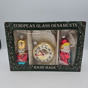 Czech‎ Handmade European Glass Ornaments Set Nutcracker Clock Cottage Christmas